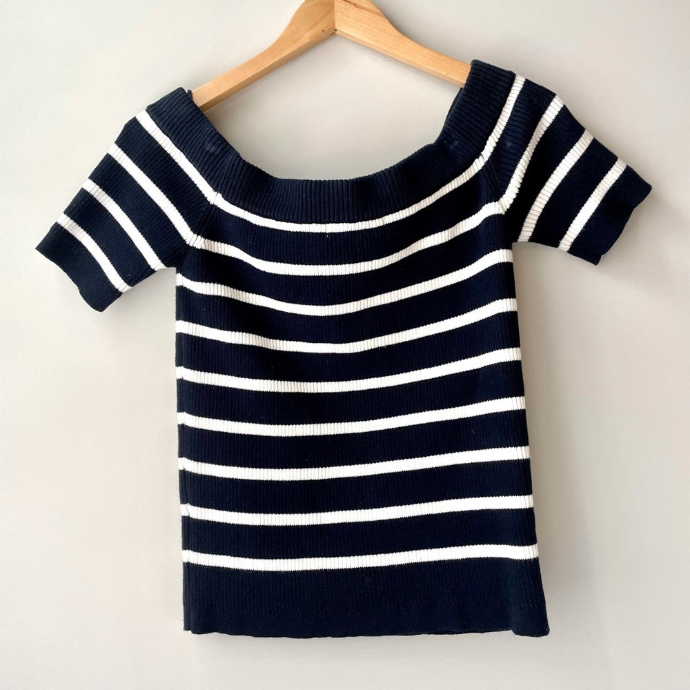 Striped Navy Off-Shoulder Top - Picture 3 of 4